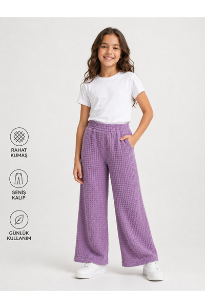 İncili Kız Çocuk Lila Geniş Paça Bubble Dokulu Cepli Pantolon - Rahat Kesim T...