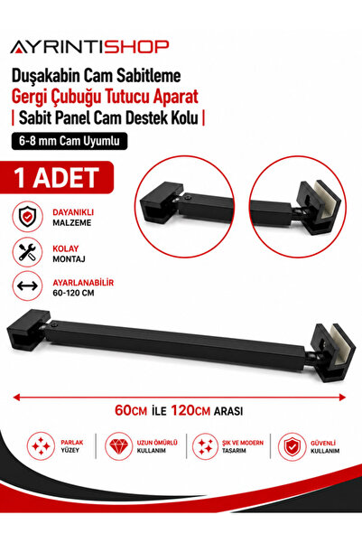 AYRINTISHOP Duşakabin Sabit Cam Teleskopik Gergi Aparatları Siyah 60cm - 120 cm