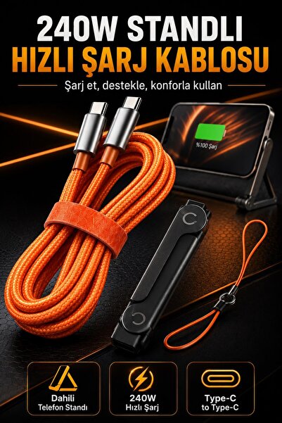 Albitmesin 240W Standlı Type-C to Type-C Hızlı Şarj Kablosu, Hasır Örgülü Tel...