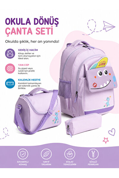 MİECZ BAGS Sevimli Dinazor Figürlü Kapaklı Modern Çok Bölmeli İlkokul Kız & E...
