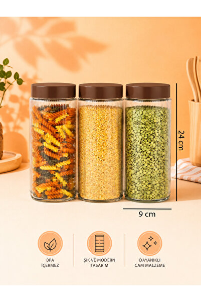 mafa home 3'Lü 1500 Ml Kapaklı Cam Erzak Ve Bakliyat Saklama Kavanozu Seti Ju...