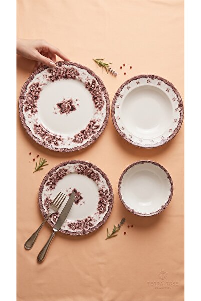 KÜTAHYA HOME Burgundy Romance 24 Parça Desenli Porselen Yemek Takımı – Şık So...