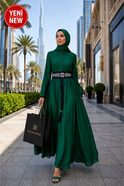 Muslima Wear Étoile De Paris Dark Green French Chiffon Hijab Evening Dress