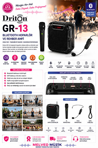 DRİTON GR-13 KABLOSUZ EL VE KAFA MİKROFONLU MİNİ REHBER AMFİ VE BLUETOOTH HOP...