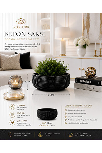 BitkiTÜRK 🖤✨ Beton Hasır Dokulu Saksı | 21 CM Dekoratif Beton Saksı | Modern...
