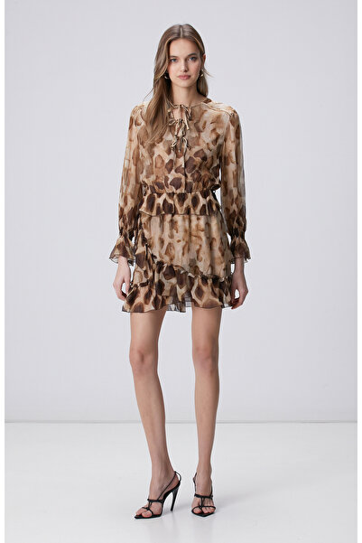 Network Limited Kahverengi Leopar Desenli Mini Elbise