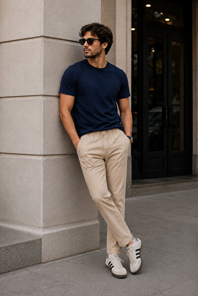 BRACCAS Erkek Bej Slim Fit Lastikli Bel Bağcıklı Jogger Pantolon