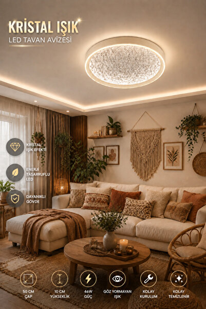 Elvora Home Modern PREMİUM Kumandalı 3 Renkli Plafonyer Kristal Efektli LEDli...