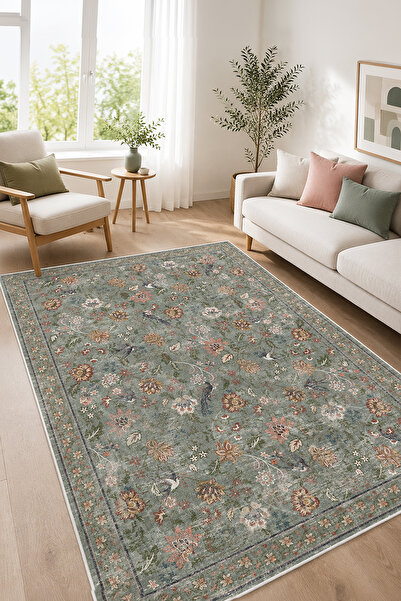 Toronto Home Dijital Kaymaz Yıkanabilir Vintage Renkli Çiçekli Salon Halısı M...