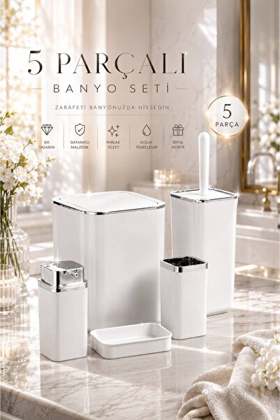 Store HGY Home Хромиран, детайлен, екрю квадратен комплект за баня от 5 части