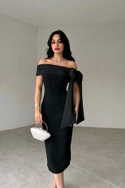 ALFUDO Moda Collection Brianna Siyah Renk Midi Kemerli Elbise