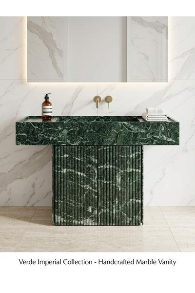 ESİLA MARBLE Özel Üretim Yeşil Mermer Depolama Alanlı Lavabo-El Yapımı Lüks D...