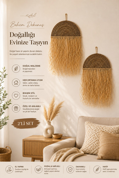 VENON 2 Adet || Bohem Doğal Hasır Duvar Dekoru El Yapımı Dekoratif Duvar Deko...