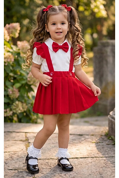 misimisi Girl's Bow Tie Blouse and Pleated Salopet Dress Set Stylish Casual C...