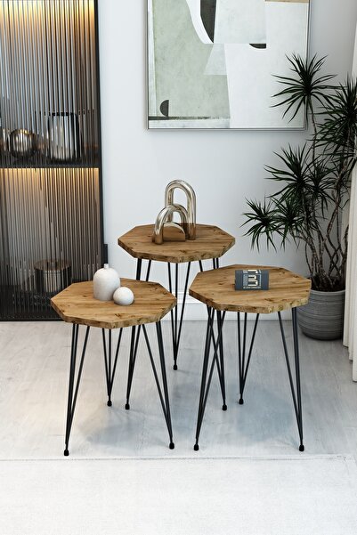 BARIN DESIGN 3'lü Sekizgen Zigon Sehpa Seti - Siyah Metal Ayaklı, Modern & Şı...