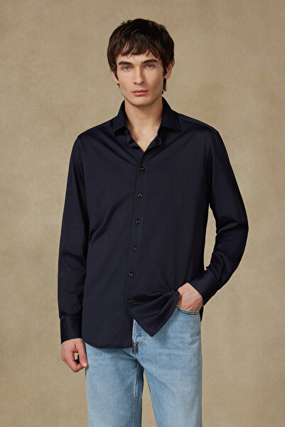 Abbate Florence Woven Rayon Blended Comfort Fit Navy Blue Classic Collar Men'...