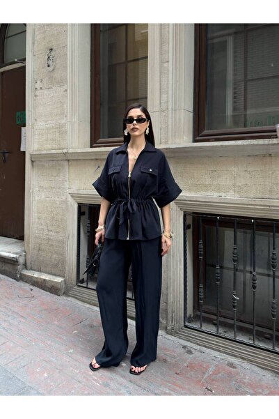 CELITA Kadın Tencel Beli Bağlamalı Kısa Fermuarlı Bluz Oversize Pantolon Takım