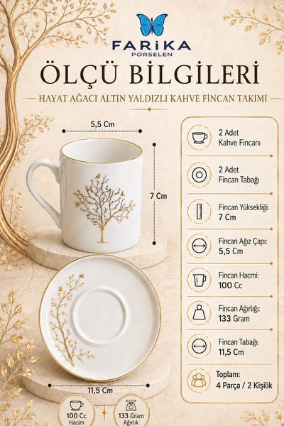 Heda Porselen Hayat Ağacı 4 Parça 2 Kişilik Porselen Fincan Takımı 100 ml