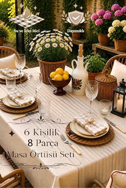 QUBA DECO 8-Piece Water-Repellent Fabric Tablecloth Set for 6 People with Pre...