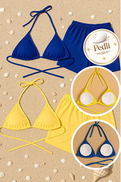 RUKOD Women's Yellow and Blue Shorts Waist and Neck Tie Bikini Set