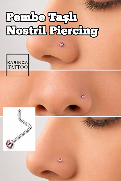 Karınca Piercing Pembe Taşlı Burun Piercing Kıvrık İnce Cerrahi Çelik Nostril...