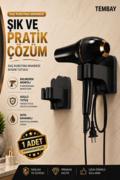 TEMBAY Siyah Yapışkanlı Fön Makinesi Askısı, Saç Kurutma Makinesi Tutacağı, F...