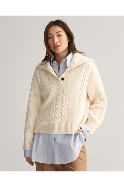 Gant Kadın Krem Relaxed Fit Klasik Yaka Desenli Kazak