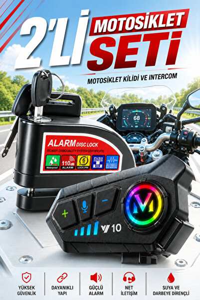 Zineets 2Lİ PAKET Alarmlı Disk Kilidi Ve Kask İntercom Kulaklık Motorsiklet M...