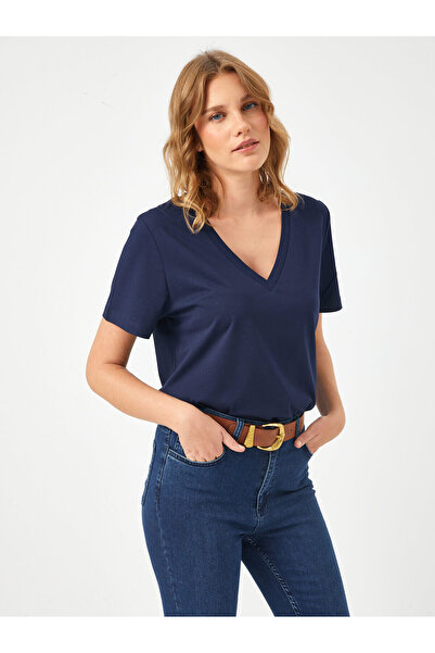 Faik Sönmez Tricou minimalist pentru femei cu decolteu în V cu mânecă scurtă ...