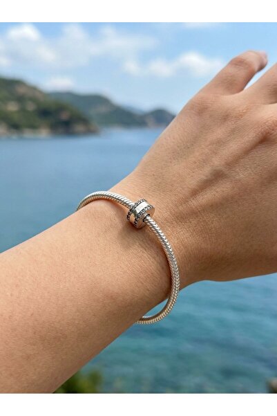My Story Çift Çizgili Taşlı Stopper Gümüş Charm