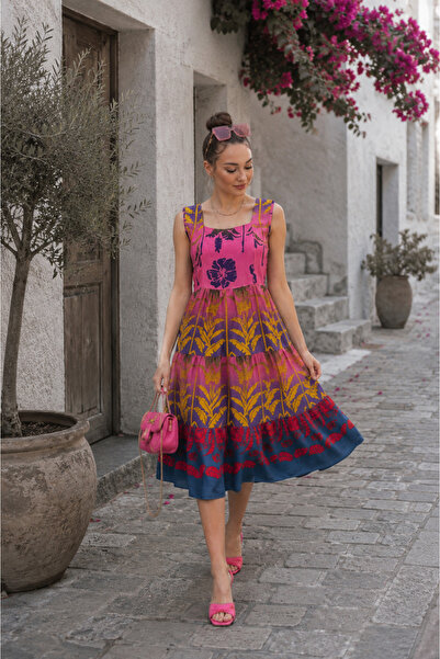 ŞİMAL Rochie lungă de damă cu model etnic cu guler pătrat