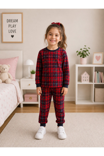 Fil Kids Devojčički pamučni set pidžama od antilop tkanine sa crvenim kariran...