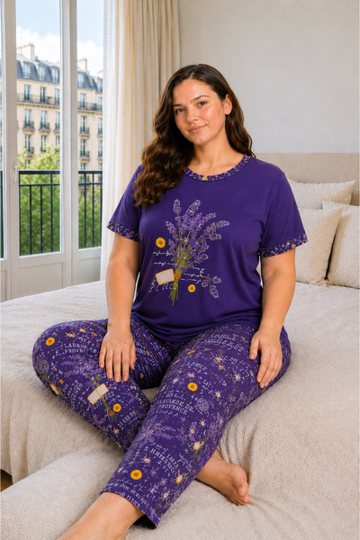 CALERA Büyük Beden Kadın Kısa Kollu Pijama Takımı Mor, Çiçek Desenli Rahat Ka...