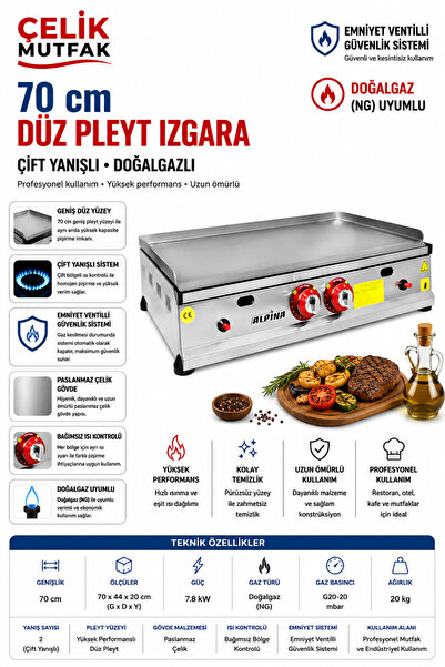 ALPİNA MUTFAK Alpina Pleyt Izgara 70 cm Düz Doğalgazlı Çift Bölgeli - ÇELİK M...