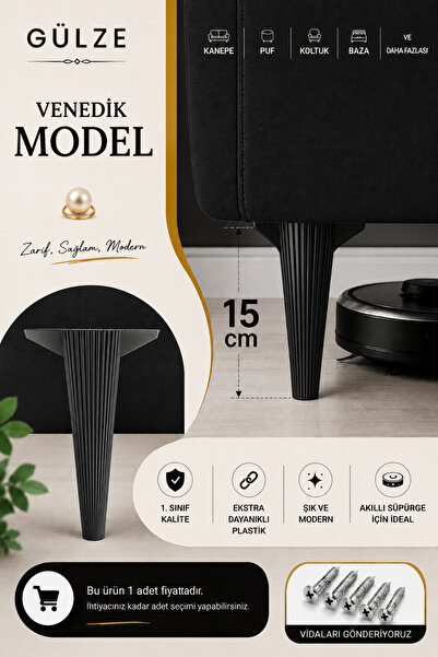 GÜLZE (15 cm) SİYAH Renk VENEDİK Model Mobilya Ayağı (Mobilya Ayağı, Dolap, K...