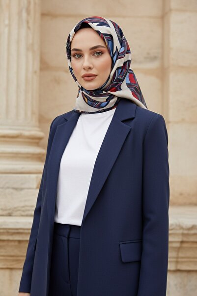 Vissona وشاح حريري بنمط مربع هندسي - لون أحمر وأزرق داكن، شكل زراعة مقاس 90 × 90