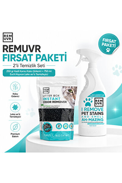 REMUVR 2’li Temizlik Seti 250 gr Kedi Kumu Koku Giderici + 750 ml Evcil Hayva...