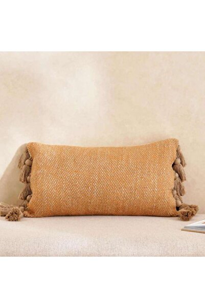 PAN HOME Chunky Linen Oblong Tasseled Down Feel Filled Cushion 30x50cm - Ochre