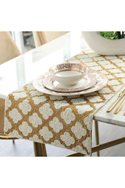 PAN HOME مفرش طاولة تبريز مزين بالخرز 33×91 سم - ذهبي عاجي