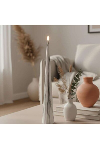 PAN HOME Marbella Led Marbled Conical Taper Candle Dia5.5x35cm - White