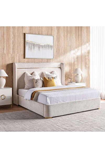 PAN HOME Ocrai King Bed 180x200 Cm Upholstered - White & Gpld