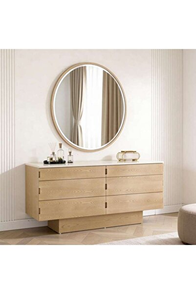 PAN HOME Jaylen Dresser With 6 Drawer & Round Mirror - Natural