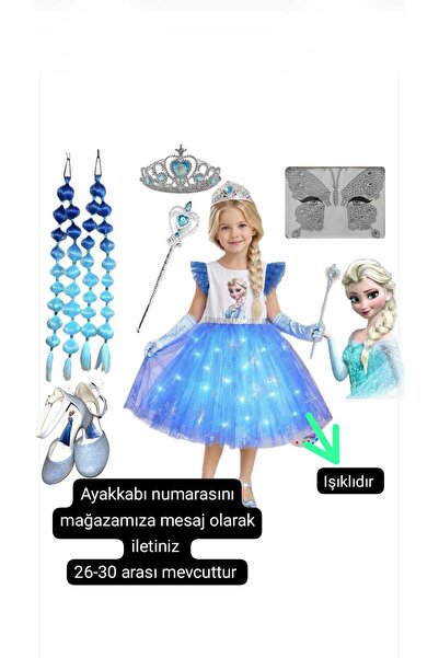 3b kids elllsa ışıklı elbise kostüm elisa mavi peruk bubble saç taç asa yüz t...