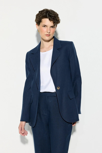 Gusto Single Button Linen Blazer Jacket - Navy Blue