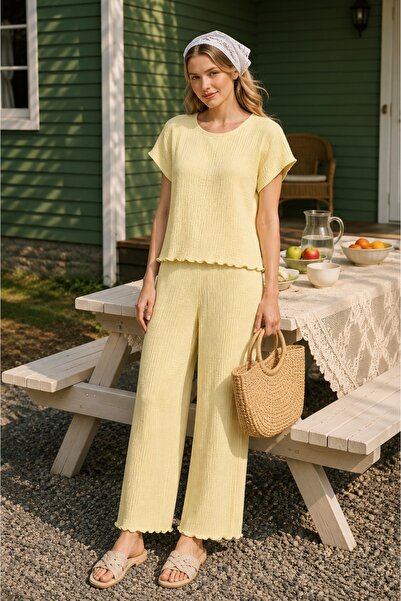 rindahomewear Bürümcük Kumaş Sarı Düşük Kol Pijama Takım