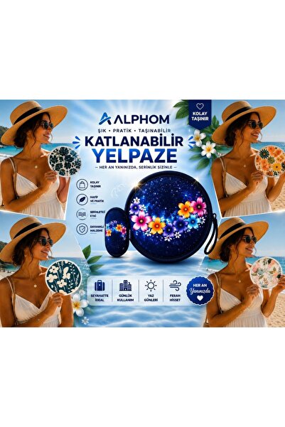 Alphom Desenli Katlanabilir Yuvarlak Yazlık Taşınabilir El Yelpazesi