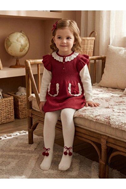 BİLGEN Style Kız Bebek Bordo Triko Elbise Külotlu Çorap Takımı Dantel Yaka Fı...