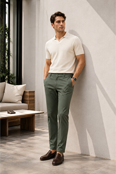 BRACCAS Erkek Yeşil Slim Fit Pamuklu Chino Pantolon