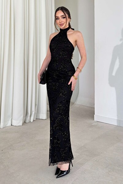 aura7 collection Women's Clothing Halter Neck Sequin Embroidered Black Evenin...