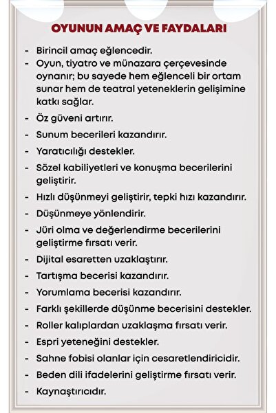 NAR OYUNLARI SAHNE tiyatro ve münazara kutu oyunu, pratik zekayı geliştirir, sunum becerisi kazandırır, özgüveni arttırır, aile ve arkadaş grupları için uygundur. Hediye için uygundur